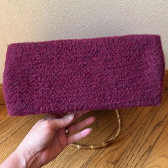 Hand knitted purse with bamboo handles boho purple pink orange flower both sides - Picture 10 of 14